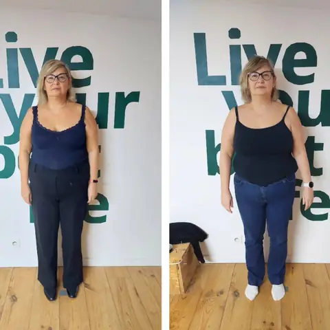 Une membre du club Le Sunrise nutrition en montage avant et après, vue de face