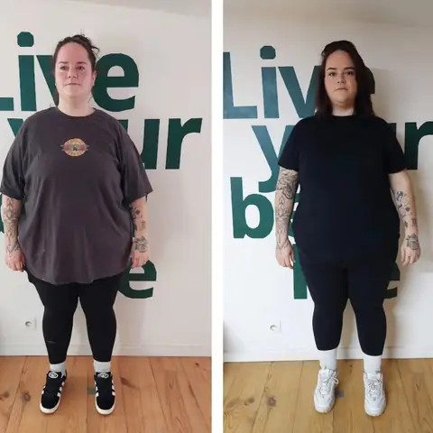 Une membre du club Le Sunrise nutrition en montage avant et après, vue de face