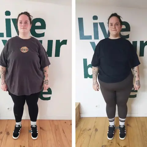 Une membre du club Le Sunrise nutrition en montage avant et après, vue de face