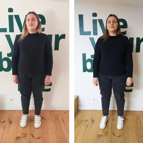 Une membre du club Le Sunrise nutrition en montage avant et après, vue de face