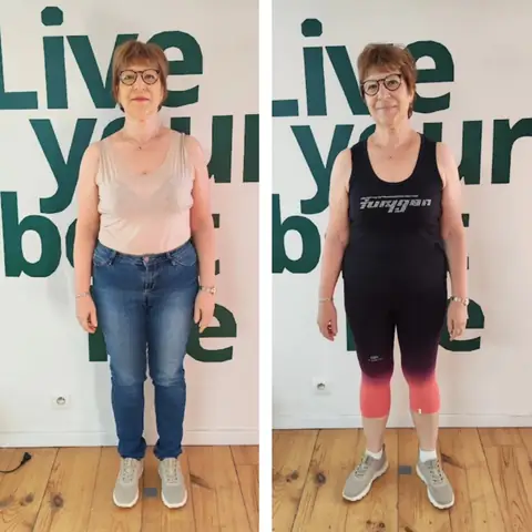 Une membre du club Le Sunrise nutrition en montage avant et après, vue de face