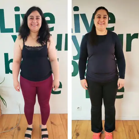Une membre du club Le Sunrise nutrition en montage avant et après, vue de face